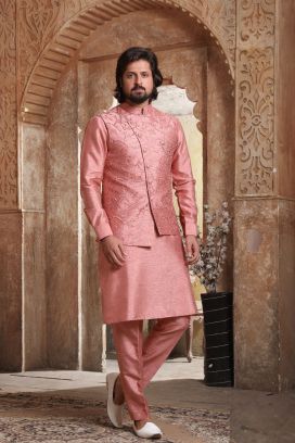 Onion Pink Art Banarasi Silk Mens Nehru Jacket (KFM-5606)