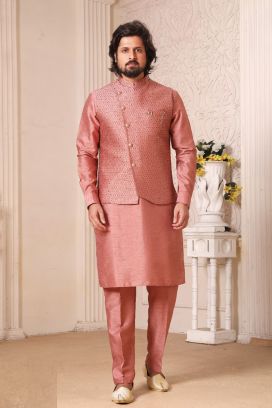 Onion Pink Art Silk Nehru Jacket for Mens (KFM-5609)
