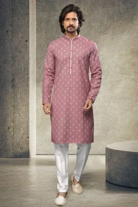 Onion Pink Cotton Mens Kurta Pajama (KFM-6150)