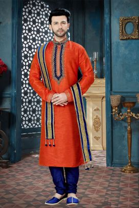 Orange Banglori Silk Regular Kurta Pajama (KFM-3814)