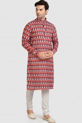 Orange Cotton Printed Kurta Pajama (KFM-5726)