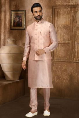 Peach Art Banarasi Silk Jacket Kurta (KFM-6326)
