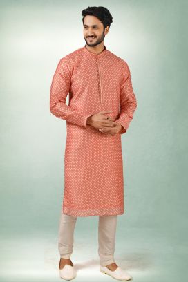 Peach Art Silk Mens Kurta Pajama (KFM-5837)