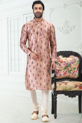 Peach Banarasi Silk Kurtas for Men (KFM-6704)