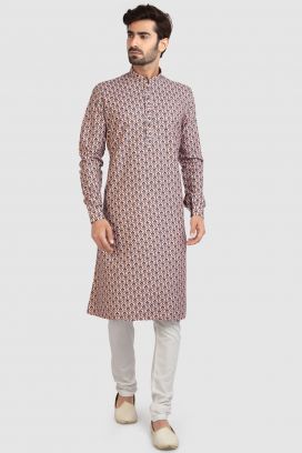 Peach Cotton Printed Kurta Pajama (KFM-5731)