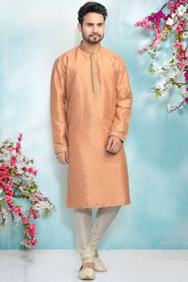 Peach Jaquard Kurta Pajama for Men (KFM-4896)