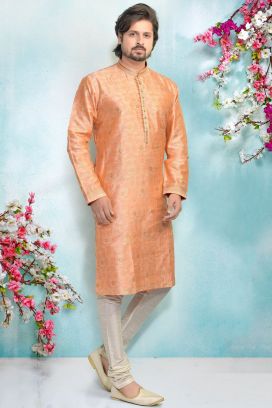 Peach Jaquard Kurta Pajama for Men (KFM-4914)