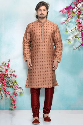 Peach Jaquard Mens Kurta Pajama (KFM-4927)