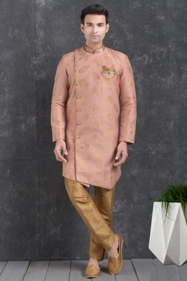 Peach Jaquard Silk Brocade Indo Western Kurta for Men (KFM-5012)