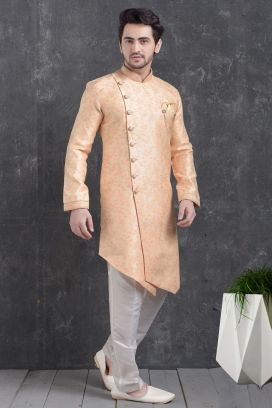 Peach Jaquard Silk Brocade Indo Western Kurta for Mens (KFM-5026)