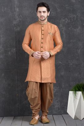 Peach Jaquard Silk Brocade Indo Western Kurta (KFM-5001)