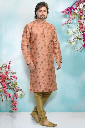 Peach Jaquard Silk Brocade Kurta for Men (KFM-4883)