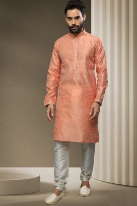 Peach Jaquard Silk Brocade Kurta Pajama (KFM-5938)