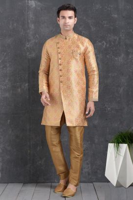 Peach Jaquard Silk Brocade Men Indo Western Kurta (KFM-5022)