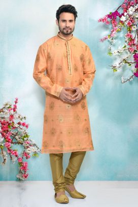 Peach Jaquard Silk Brocade Mens Kurta Pajama (KFM-4890)