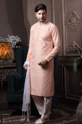 Peach Silk Kurta Pajama for Men (KFM-6054)