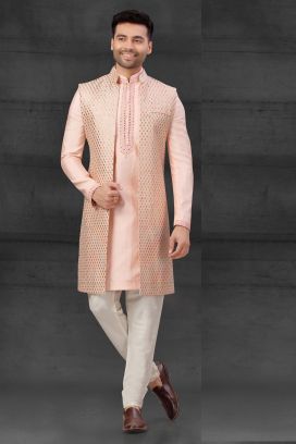 Peach Silk Kurta with Long Jacket (KFM-6006)