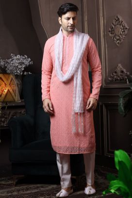 Peach Silk Mens Kurta Pajama (KFM-6051)
