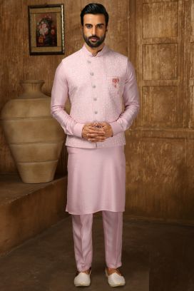 Pink Art Banarasi Silk Nehru Jacket (KFM-6367)