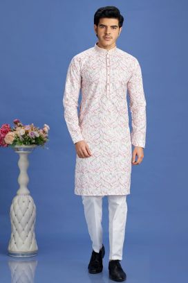 Pink Cotton Embroidered Kurta Pajama (KFM-7523)