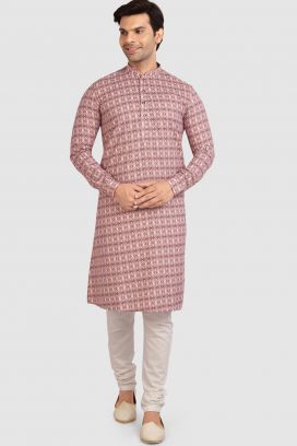 Pink Cotton Printed Mens Kurta Pajama (KFM-5728)