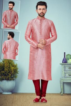 Pink Dupion Silk Mens Kurta Pajama (KFM-4789)