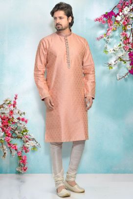 Pink Jaquard Silk Brocade Kurta Pajama (KFM-4878)