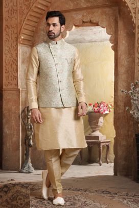 Pista, Dark Gold Art Banarasi Silk Nehru Jacket (KFM-5633)