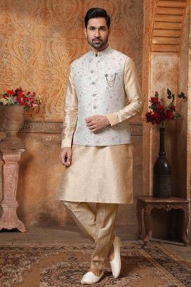 Pista, Dark Gold Art Banarasi Silk Nehru Jacket (KFM-5645)
