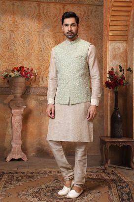 Pista Green Art Banarasi Silk Jacket Kurta (KFM-5612)