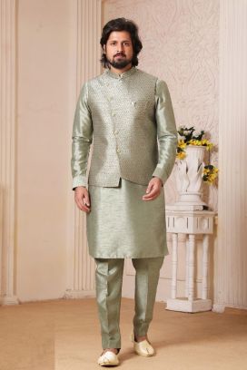 Pista Green Art Banarasi Silk Mens Nehru Jacket (KFM-5607)