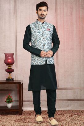 Pista Green Banarasi Silk Mens Nehru Jacket (KFM-5685)
