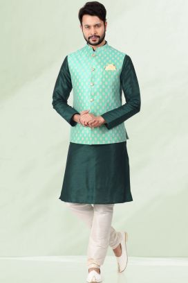 Pista Green Jaquard Mens Nehru Jacket (KFM-6681)