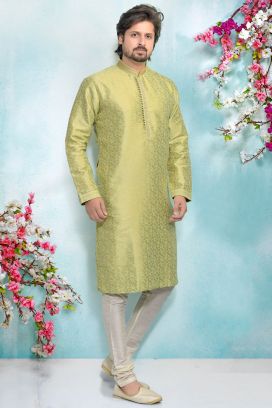 Pista Green Jaquard Silk Brocade Mens Kurta (KFM-4895)