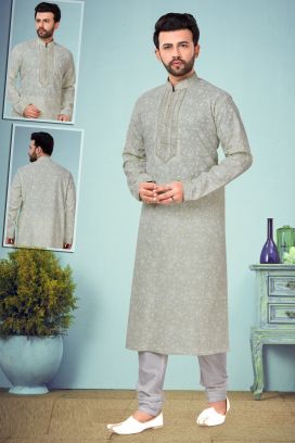 Pista Green Printed Cotton Silk Kurta Pajama (KFM-4853)