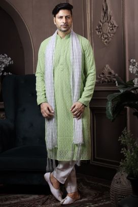 Pista Green Silk Mens Kurta Pajama (KFM-6048)