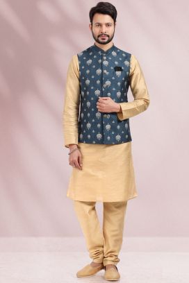 Printed Banarasi Silk Blue Mens Nehru Jacket(KFM-6448)
