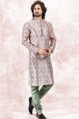 Printed Green Jaquard Kurta for Men (KFM-6714)