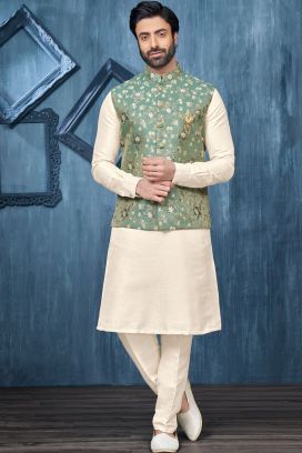Printed Green Jaquard Nehru Jacket (KFM-7370)