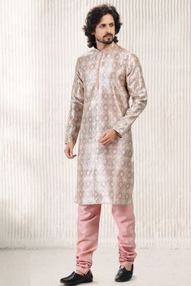 Printed Peach Silk Kurta Pajama (KFM-6715)
