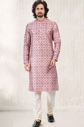 Printed Pink Silk Kurta Pajama for Men (KFM-6717)