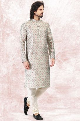 Printed Pista Green Silk Kurta Pajama (KFM-6720)