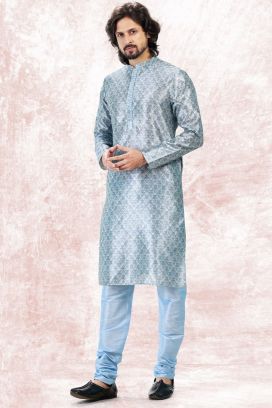 Printed Sky Blue Jaquard Banarasi Silk Kurta (KFM-6710)