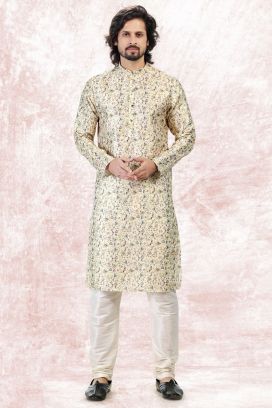 Printed Yellow Banarasi Silk Kurta Pajama (KFM-6722)