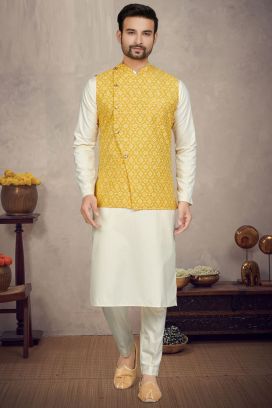 Printed Yellow Cotton Mens Nehru Jacket (KFM-6954)