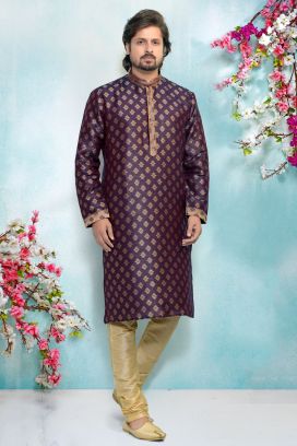 Purple Jaquard Silk Brocade Kurta Pajama (KFM-4926)