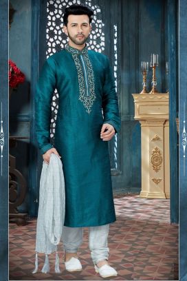 Rama Blue Art Dupion Designer Kurta Pajama (KFM-3819)