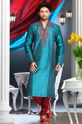 Rama Blue Art Dupion Kurta Pajama (KFM-1585)