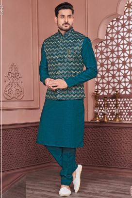 Rama Green Art Banarasi Silk Nehru Jacket (KFM-7410)