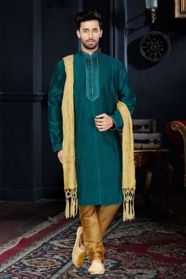 Rama Green Art Dupion Kurta Pajama (KFM-3452)